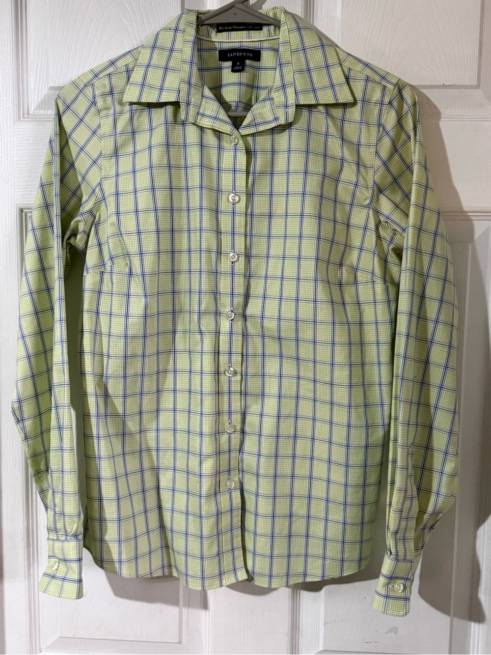 Lands' End No Iron Pinpoint Oxford Light Green and Blue Plaid Button-Down